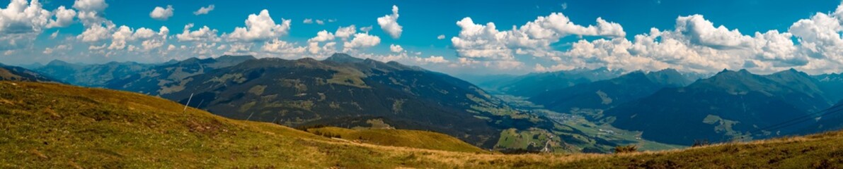 High resolution stitched panorama of a beautiful alpine view at the famous Panoramabahn Kitzbueheler Alpen, Salzburg, Austria