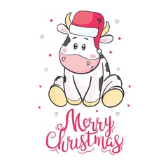 Cute bull wearing Santa Claus hat symbol of 2021 chinese new year, illustration for christmas card.