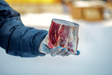 The farmer holds in his hand a sawn-off piece of frozen beef. - obrazy, fototapety, plakaty