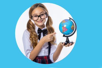 Schoolgirl girl with a globe, in a circle on a blue background. Concept about education and travel.