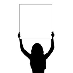Silhouette woman holds banner placard blank white sheet for text space closeup