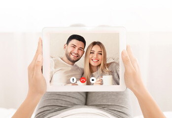 Happy Friends Communicating Via Video Call On Tablet, Cropped, Collage