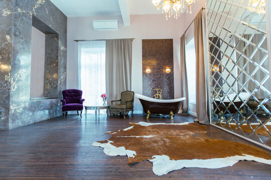 Luxury hotel room interior.