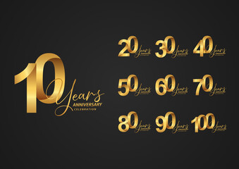 Anniversary logotype set with golden color for celebration event, wedding, greeting card. Vector illustration