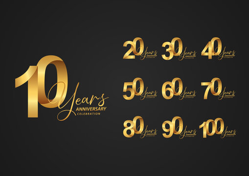 Anniversary logotype set with golden color for celebration event, wedding, greeting card. Vector illustration