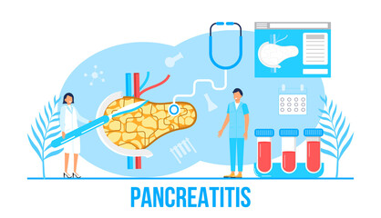 Fototapeta na wymiar Pancreatitis concept vector. Pancreas doctors examine. Tiny therapist looks through a magnifying glass at internal organ. Health care concept in flat style for landing page, website