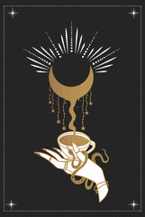 cup of coffee in hand, witchcraft, young moon, tarot cards, mystical symbol, okult