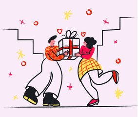 guy gives a girl a gift, illustration in the style of minimalism, valentine's day