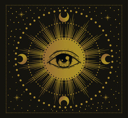 all-seeing eye, sun with an eye , magical vector illustration, tarot cards symbol, alchemy