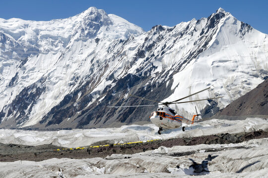 Helicopter above South Engilchek Glacier, Central Tian Shan, Kyrgyzstan.