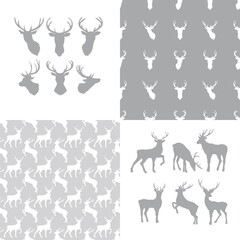 A set of deer heads and patterns. Collection of wild animal backgrounds