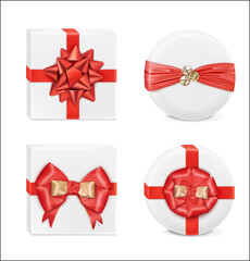Set of gift boxes with red ribbons. Vector illustration - 396361455