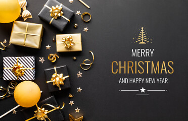 Merry christmas,xmas and new year celebration concepts with gift box and ornament in golden color on dark background