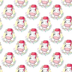 Seamless pattern with cartoon bull in santa hat. Vector illustration.