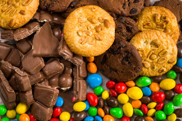 Chocolate candy on the white background, colorful candy texture.