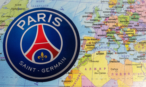 August 20, 2020 Lisbon, Portugal. The emblems of the 2019/2020 UEFA Champions League finalist Paris Saint-Germain F.C. against the background of the map of Europe.