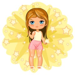 A cute little girl in shorts and a T-shirt. Cheerful funny child in a good mood. The isolated object on a white background. Young baby. Cartoon flat style. Asterisks. Vector