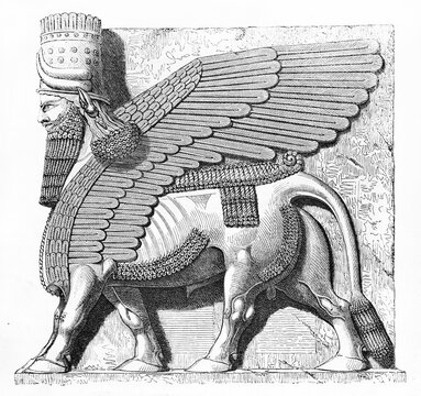 huge statue side view with human head and taurus body Khorsabad Lamassu chambrale (Antique Assyrian capital, North Iraq). Ancient grey tone etching style art by Flandin, Le Tour du Monde, 1861