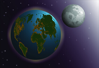 A globe in outer space with a view of the moon. Vector illustration with orange lights on green continents.
