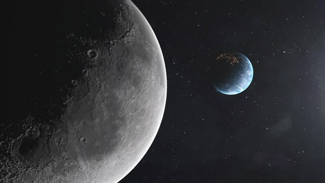 Realistic moon in front of planet Earth