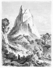 Long-Mountain high peak on hilled landscape, Mauritius. Ancient grey tone etching style art by B�rard, Le Tour du Monde, 1861