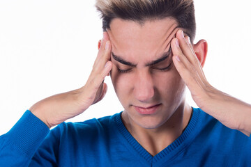 Headache and migraine. Young man. White background.