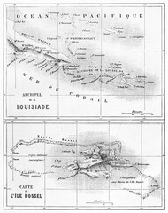Couple of vintage maps of Louisiade archipelago and Rossel island (southeast of New Guinea). Ancient grey tone etching style art by Erhard and Bonaparte, Le Tour du Monde, 1861 - obrazy, fototapety, plakaty