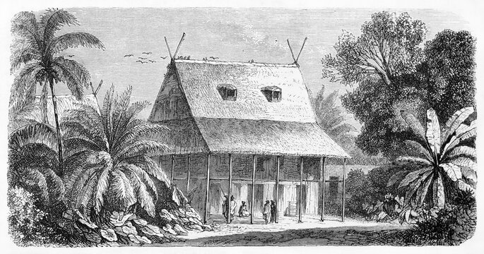 straw big house and people living in it surrounded by jungle vegetation in Madagascar. Ancient grey tone etching style art by B�rard, Le Tour du Monde, 1861