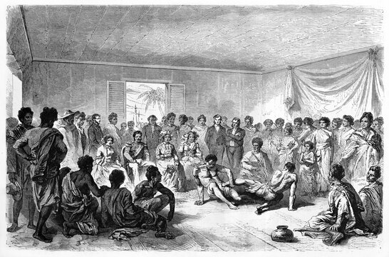 Malgasy people crowd witnessing wrestling match indoor in a large hall. Ancient grey tone etching style art by B�rard, Le Tour du Monde, 1861