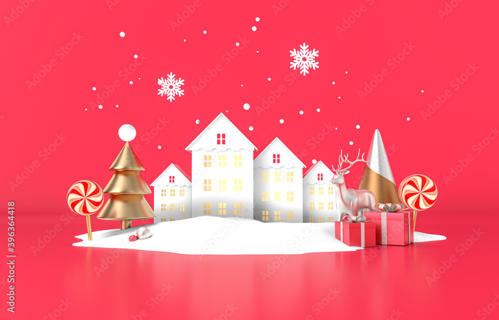 Poster red christmas podium background with christmas tree. 3d render.
