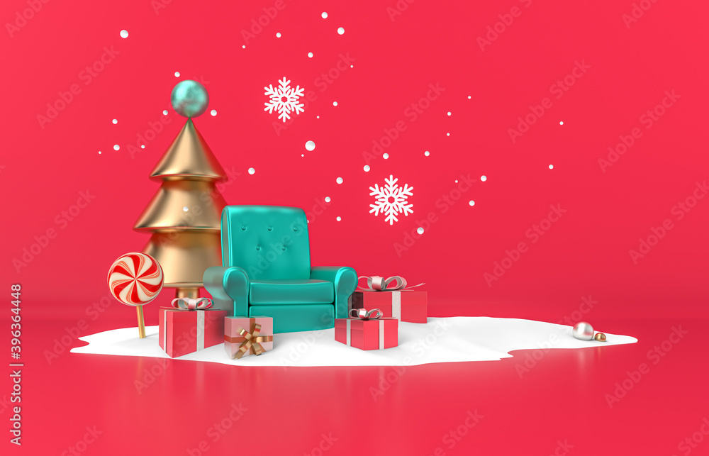 Poster red christmas podium background with christmas tree. 3d render.