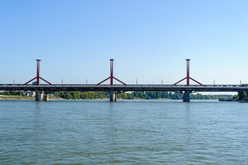 Naklejka premium Rakoczi Bridge (Rákóczi híd) in Budapest, Hungary.- Rakoczi Bridge (Rákóczi híd) was inaugurated in October 1995. Its completely contemporary shape and its lampposts make it the most modern of all the
