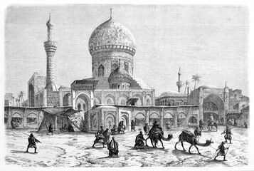 huge Midan mosque and the front square with arabian shops, people and camels, Baghdad. Ancient grey tone etching style art by Flandin, Le Tour du Monde, 1861 - 396364401
