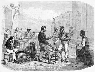 Neapolitan men playing Morra (Italian hand game) outdoor on street drinking red wine. Ancient grey tone etching style art by Hadamard and Gauchard, Le Tour du Monde, 1861