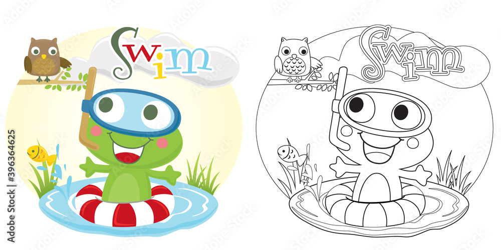 Wall mural funny cartoon of frog swimming in fish pond with an owl perch on tree branches, coloring book or pag