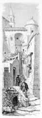 vertical strict illustration of a Naples alley, Italy, with people greeting a widow on window. Ancient grey tone etching style art by Sargent and Rond�, Le Tour du Monde, 1861