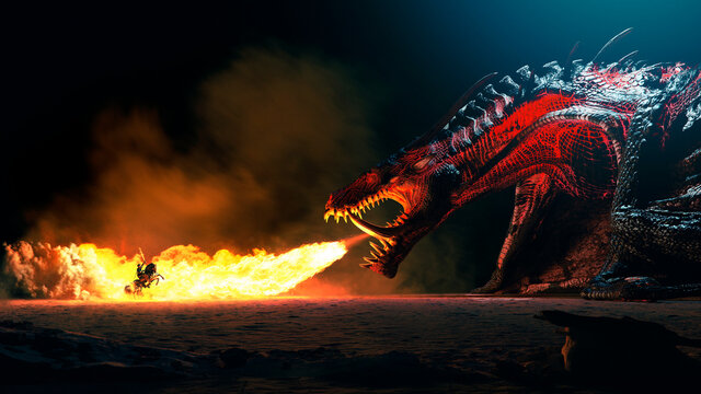 Giant dragon explode a fire breathe on a heroic medieval knight on a horse in a black night, the epic battle between good and evil - concept art - 3D rendering