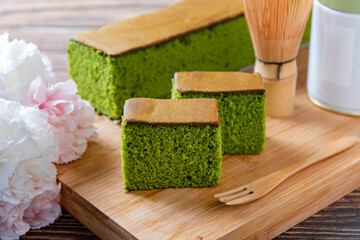 sponge cake with matcha and honey, castella cake,  (Japanese sponge cake)