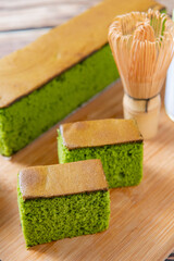 sponge cake with matcha and honey, castella cake,  (Japanese sponge cake)