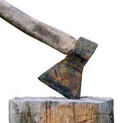 Old axe stuck in a wooden stump isolated on the white background