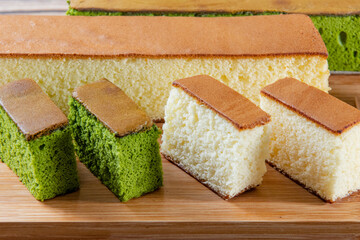 sponge cake with matcha and honey, japanese sweets, castella cake,  (Japanese sponge cake)