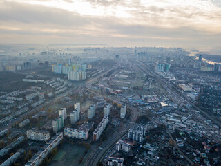 Fototapeta na wymiar Aerial drone view. Haze over Kiev.