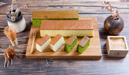 sponge cake with matcha and honey, japanese sweets, castella cake,  (Japanese sponge cake)