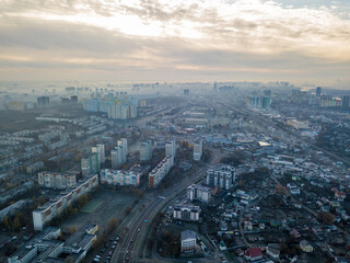 Naklejka na ściany i meble Aerial drone view. Haze over Kiev.