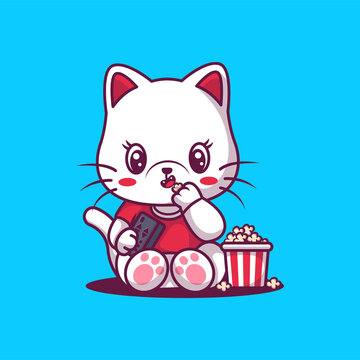 Cute cat eating popcorn illustration.