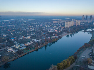 Aerial drone view. City lake.