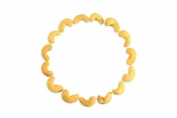 frame of salty roasted cashews dry fruit nuts in white background