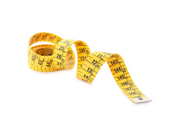 Long yellow measuring tape isolated on white