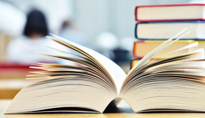 Books lying on the table in the public library