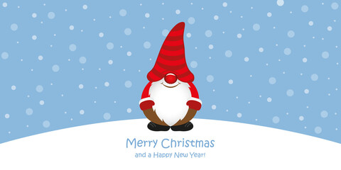 cute christmas greeting card with gnome on snowy landscape vector illustration EPS10